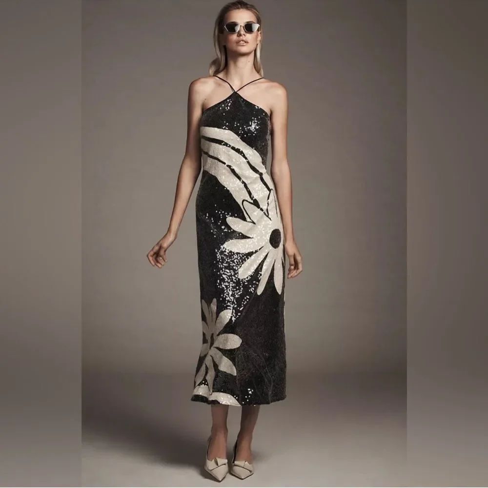Anthropologie Farm Rio Halter Sequin
 Midi Maxi Dress Floral Black Ivory-OO1